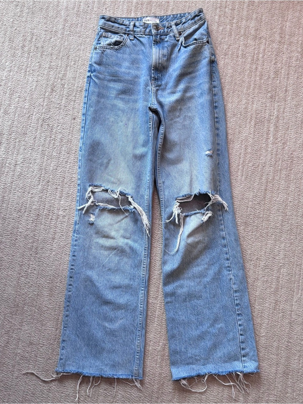 Zara Light Blue Distressed Wide-Leg Jeans